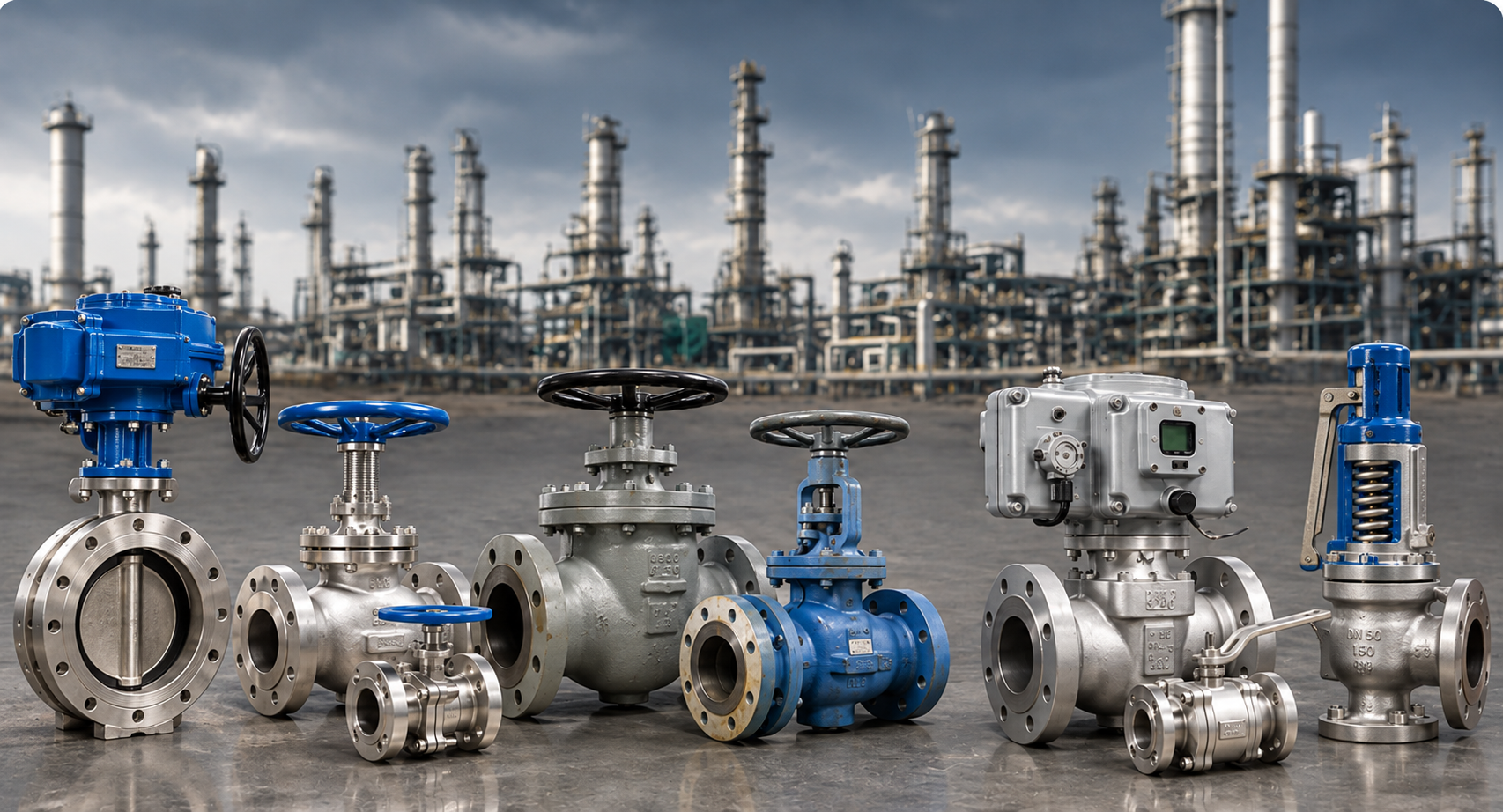 8 different valves arranged in a row